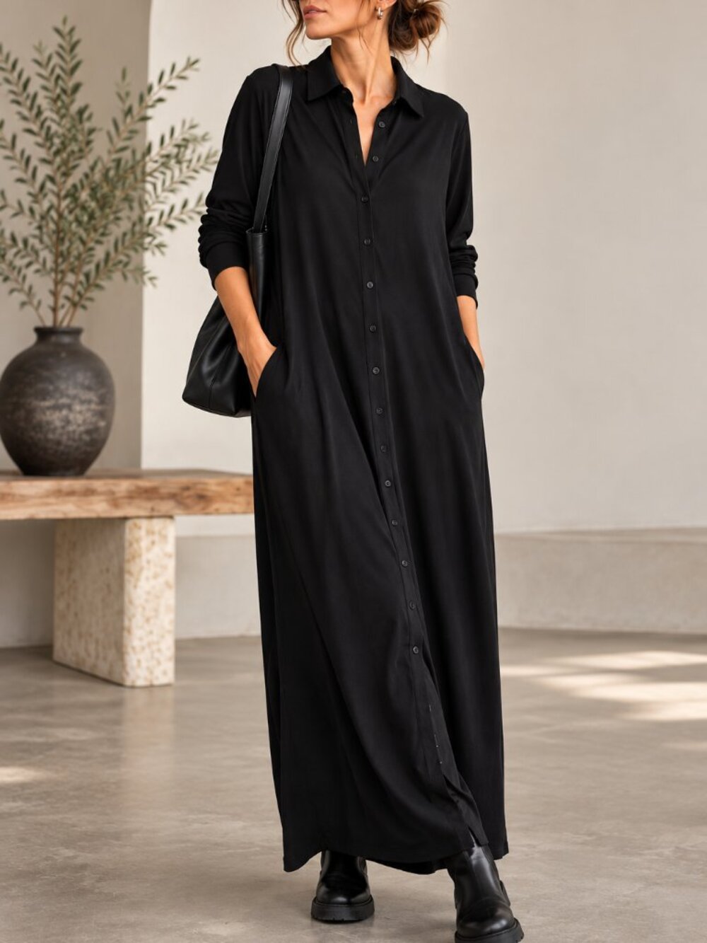 Eileen Fisher S26 Black Tencel Button Front Maxi Shirt Dress S/P